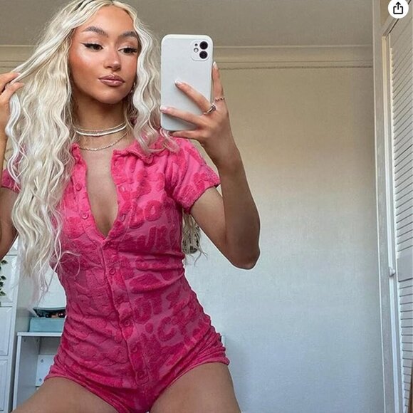 Terrycloth Hot Pink Semi Sheer Romper Shorts Set Size Medium - Picture 1 of 12